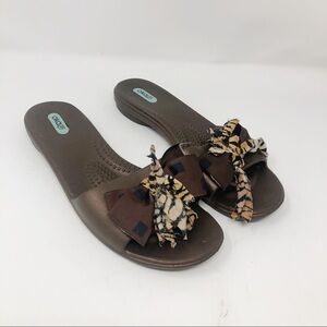 OKA B Sandals Animal Print Ribbon Brown Slides